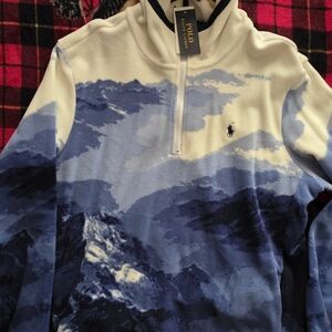 Mountain Print Raph Lauren Cream and Blue Fleece Pullover